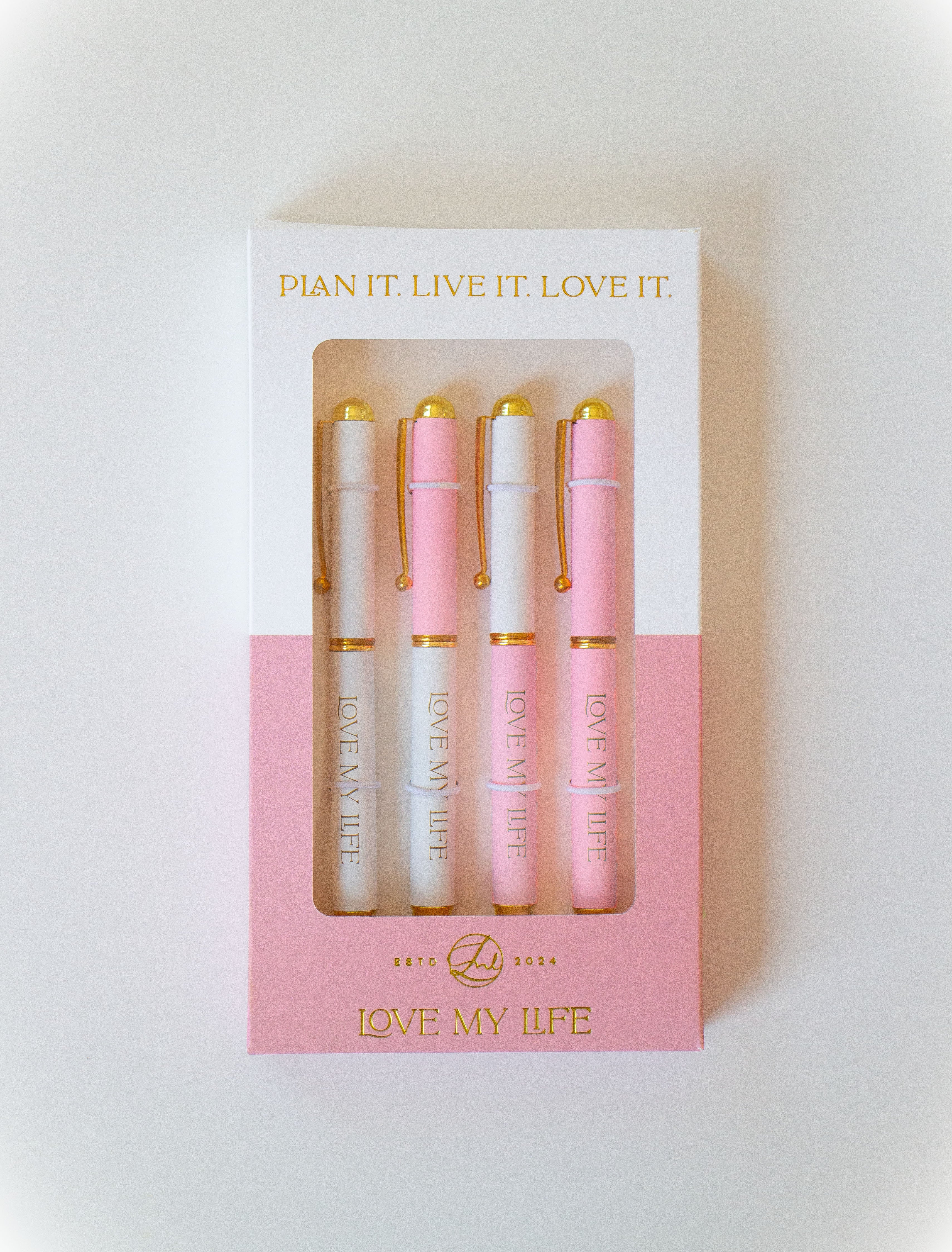 Signature Pen Set - Monogrammed Love My Life Logo, Set of Four Roller Ball Pens, Smooth Ink Flow, 0.7 mm Writing Width, Branded Box - Image 11